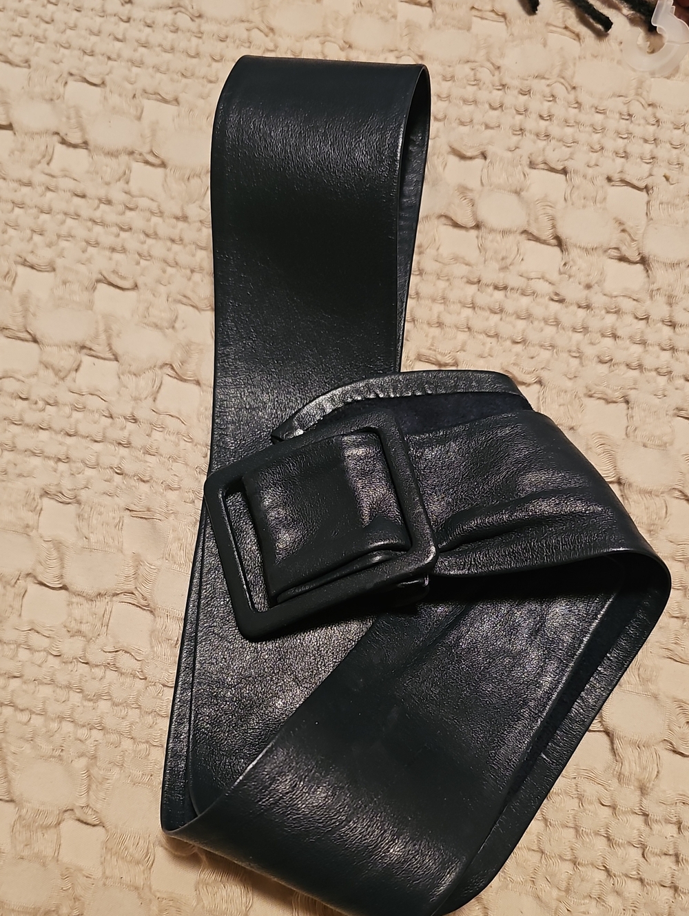Vintage Dark Navy Leather Waist Belt with Square Buckle